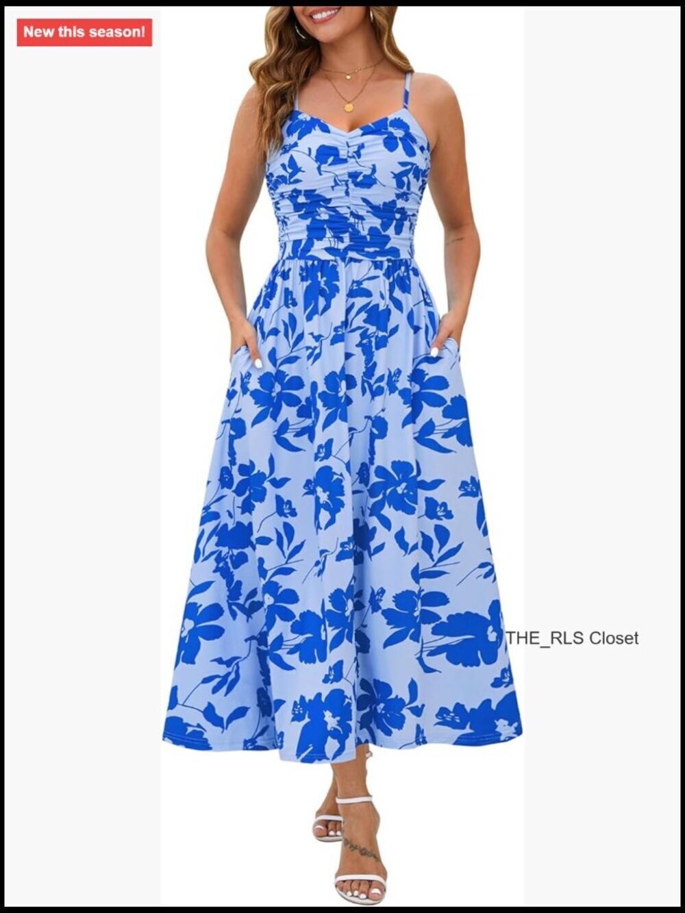 Cotton Blend Ruched Maxi Dress with Adjustable Spaghetti Straps and Pockets
